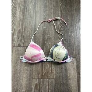 VTG La Perla Pink Aqua Multicolor Graphic Swim Top Sz 48 Euro Made In Italy Y2K